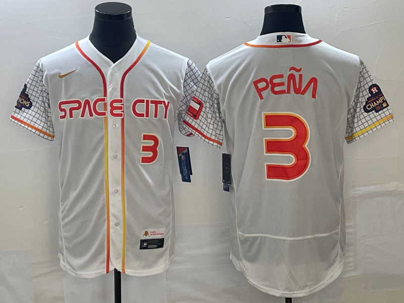 Men's Houston Astros #3 Jeremy Peña White With 2022 World Serise Champions Patch Stitched Baseball Jersey Men's Houston Astros #3 Jeremy Peña White With 2022 World Serise Champions Patch Stitched Baseball Jersey